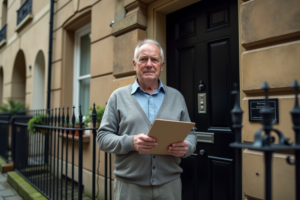 Homme dans une entrée de maison en pierre avec dossier de taxes