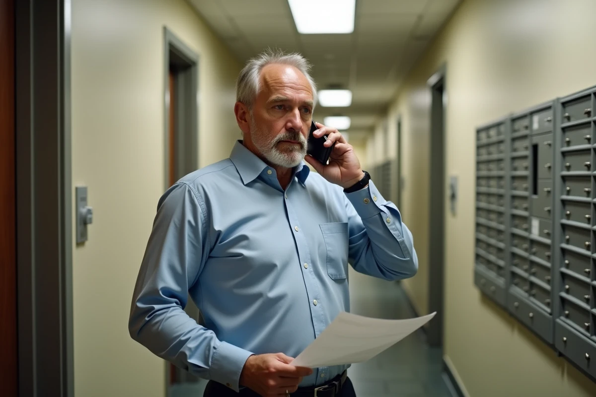 Homme frustré parlant au téléphone dans un couloir résidentiel