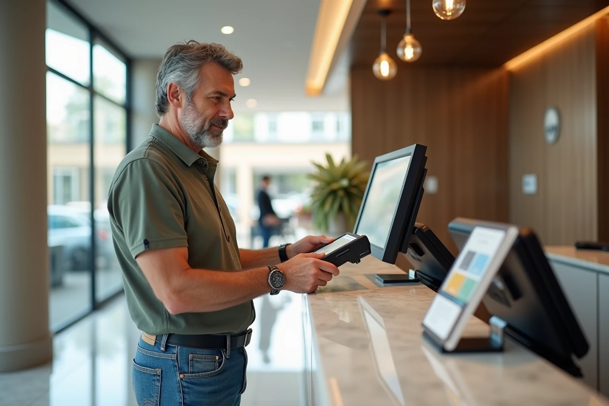 Homme d age payant à la reception d une location de vacances