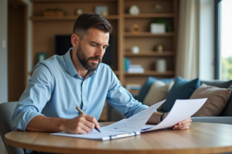 Homme en tenue décontractée examine des documents immobiliers