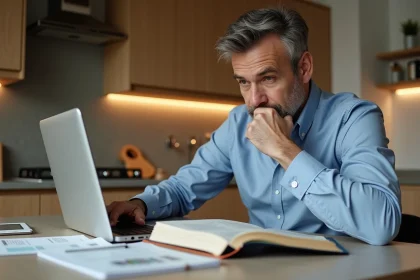 Homme d'âge moyen dans une cuisine rénovée avec ordinateur