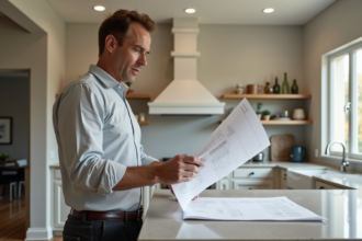 Homme d'âge moyen examinant des plans de rénovation dans une cuisine moderne