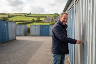 Homme souriant verrouillant une unité de stockage extérieure