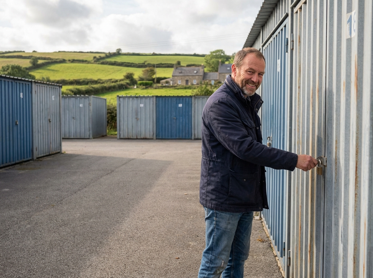 Homme souriant verrouillant une unité de stockage extérieure