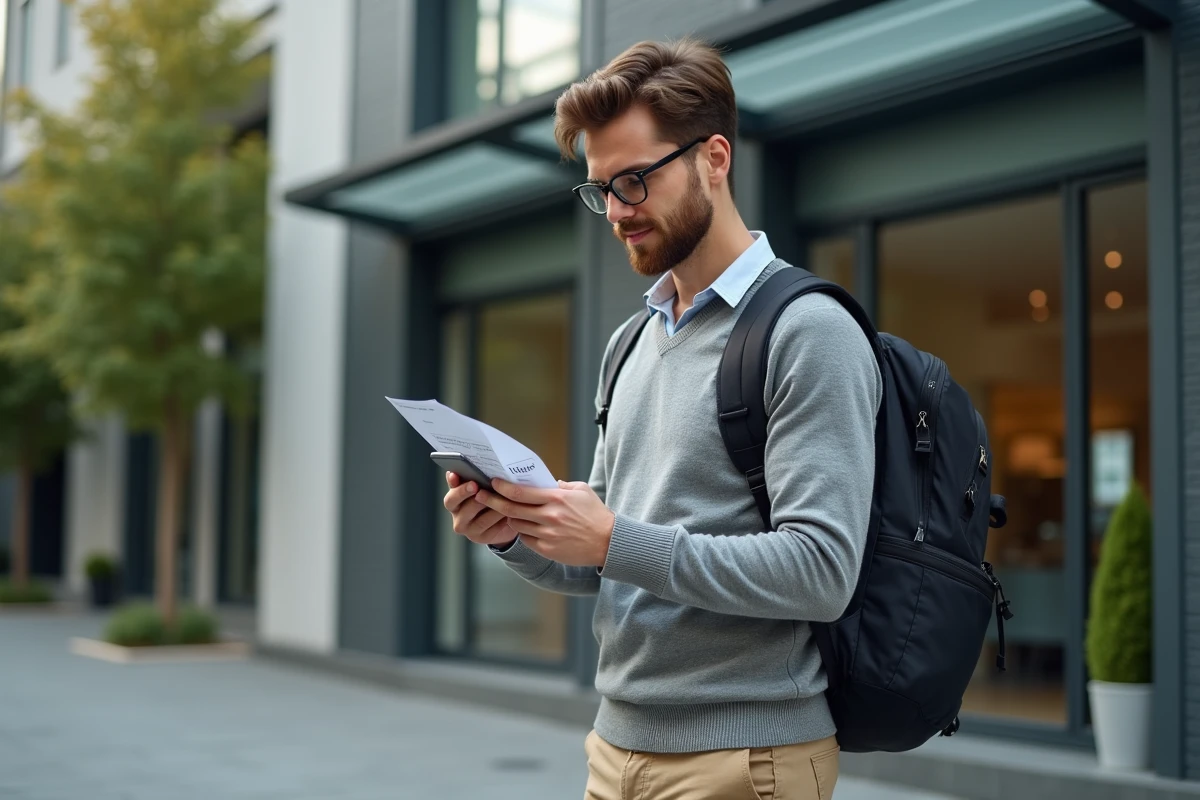 Homme consultant la plateforme Nidost sur smartphone devant une résidence moderne pour réserver son logement