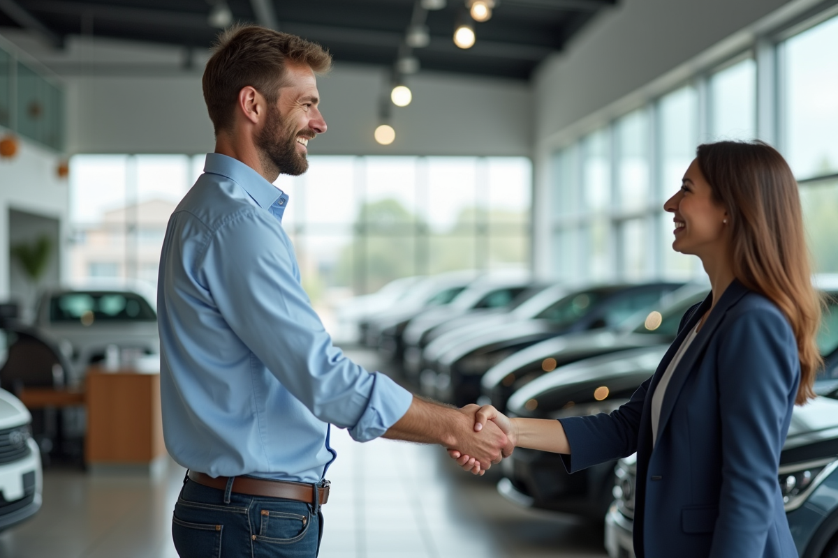 Homme souriant serrant la main d'une vendeuse en showroom