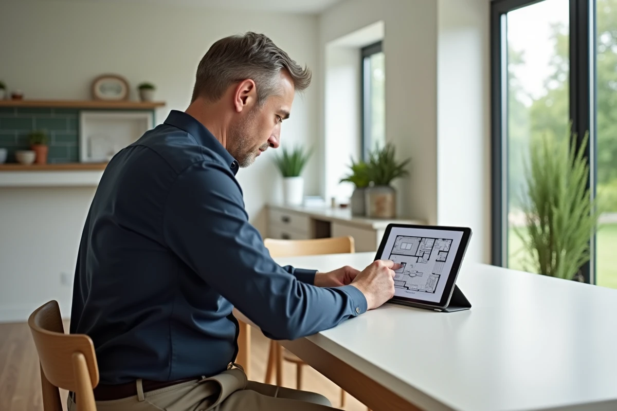 Homme en intérieur utilisant une tablette pour calculer un plan de maison