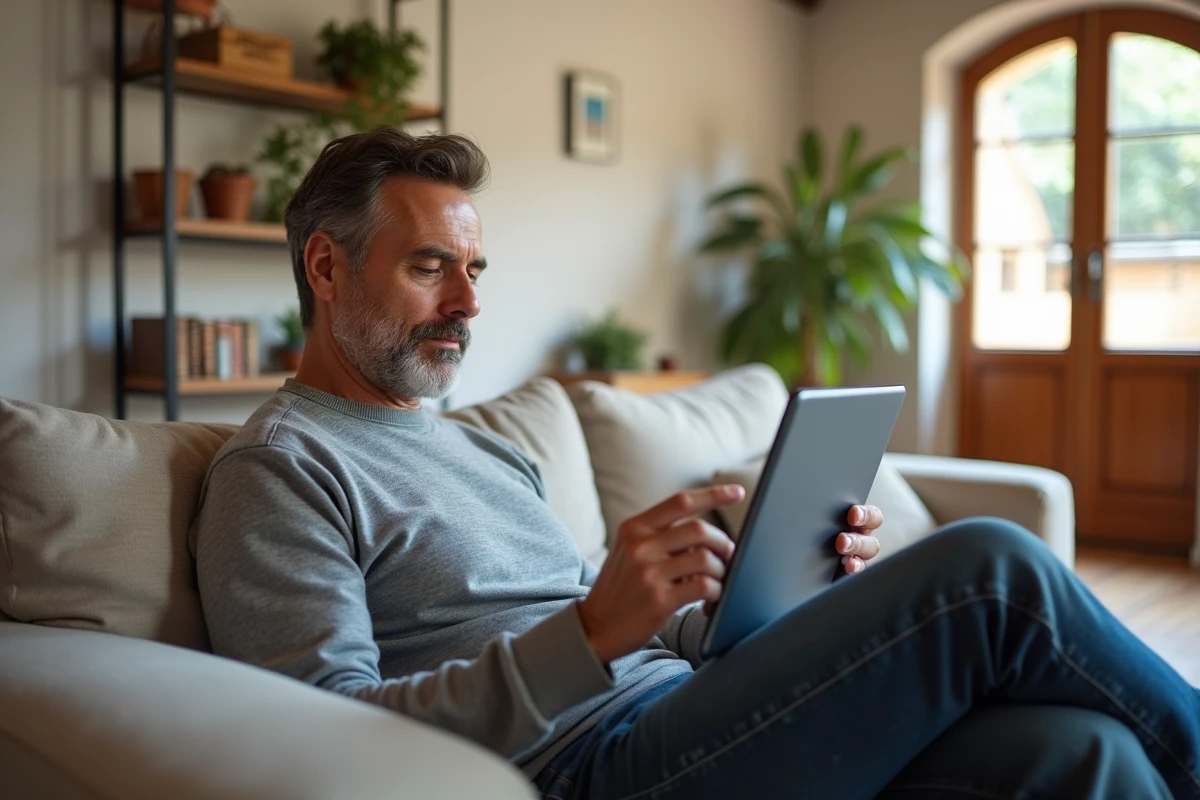 Homme détendu utilisant une tablette dans le salon