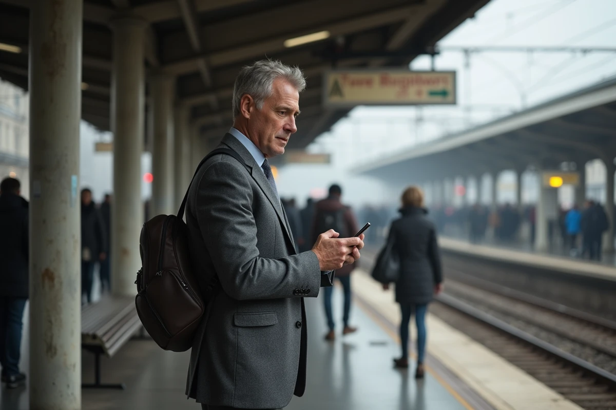 Homme en costume attendant le train à Conflans