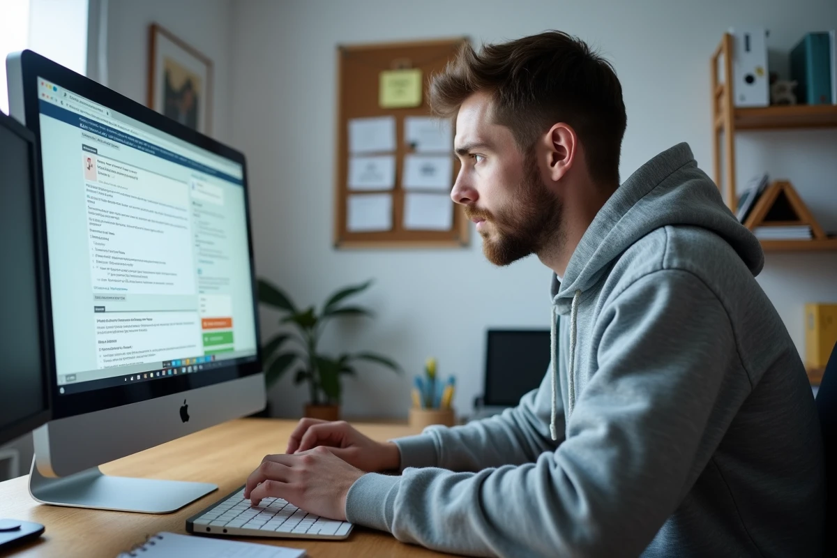 Homme vérifiant la fiabilité d'une annonce de maison gratuite sur internet pour éviter les arnaques