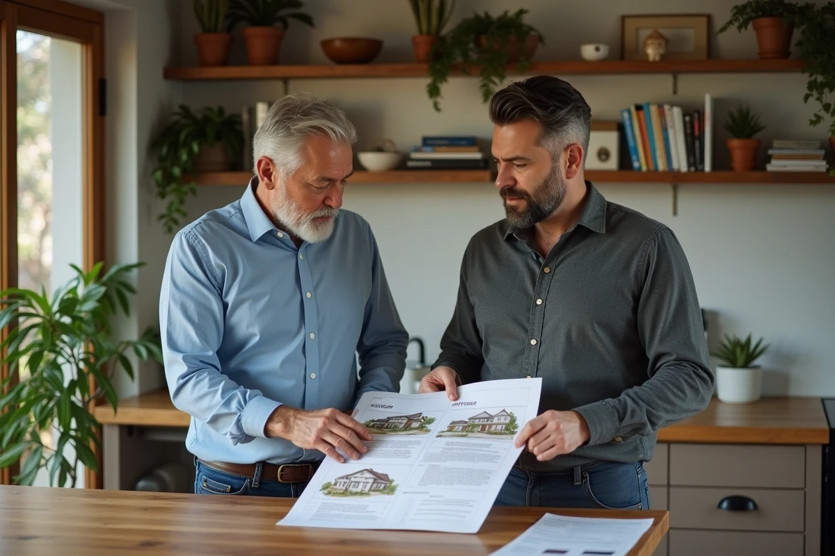 Deux hommes discutent de propriétés dans une cuisine