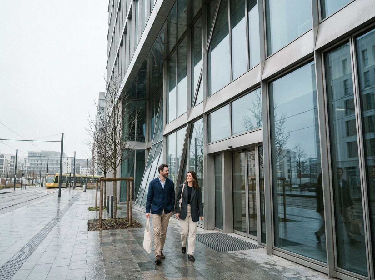 Façade d'un immeuble de bureaux moderne à Nantes près de l'île de Nantes, deux professionnels entrant dans le bâtiment