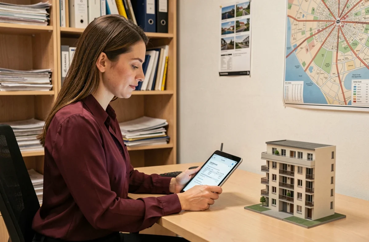 Gestionnaire locative de l'agence Immium à Strasbourg consultant un bail sur tablette dans son bureau