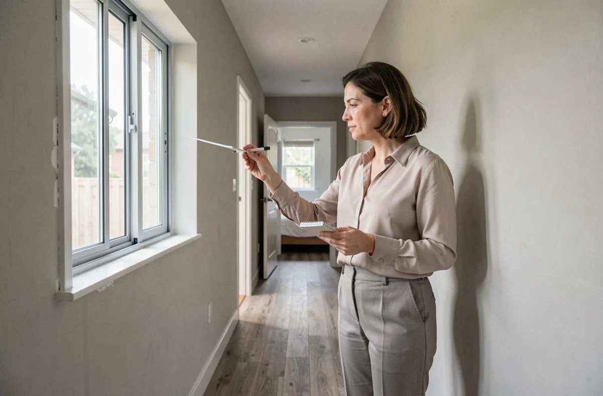 Femme inspectant l'intérieur d'une maison plain-pied à deux chambres avant signature du bail