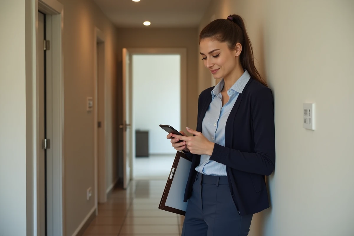 Jeune femme inspectant un appartement avec smartphone