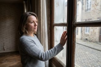 Femme inspectant une vieille fenêtre en bois avec condensation et peinture écaillée dans un appartement ancien