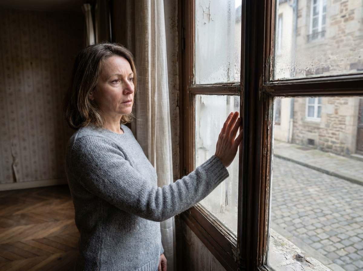 Femme inspectant une vieille fenêtre en bois avec condensation et peinture écaillée dans un appartement ancien