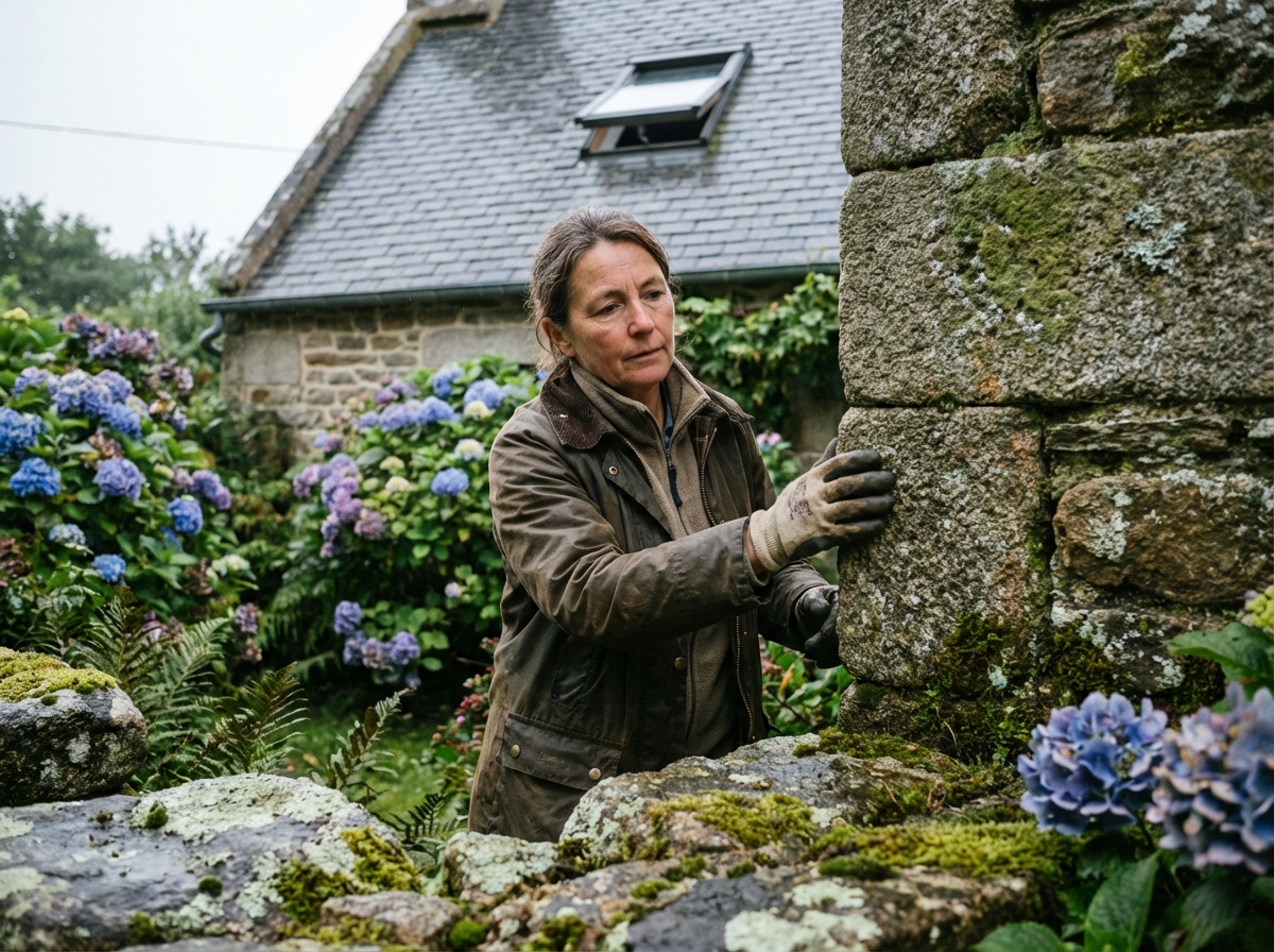 Femme inspectant un mur en pierre bretonne extérieurement