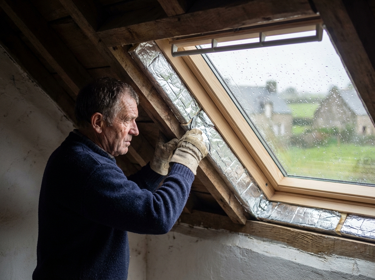 Homme installant l isolation dans un grenier avec fenêtre de toit