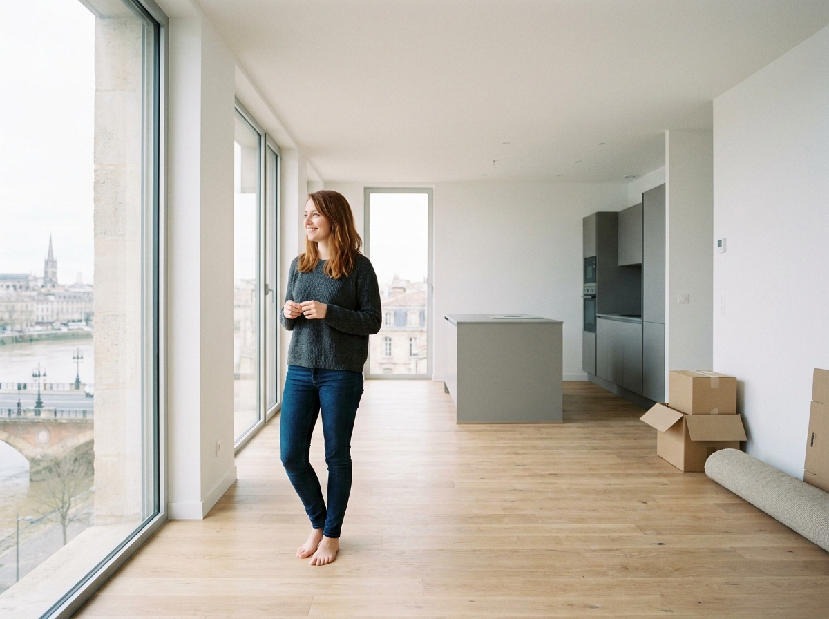 Femme dans un salon spacieux d'un appartement neuf à Bordeaux avec grandes baies vitrées et parquet clair