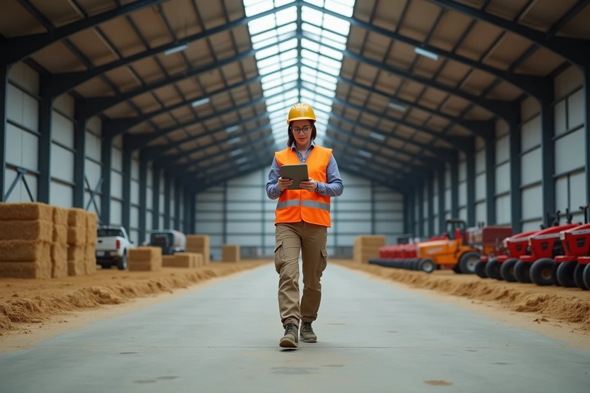 Gestionnaire agricole inspectant l'intérieur d'un hangar métallique avec tablette de chiffrage