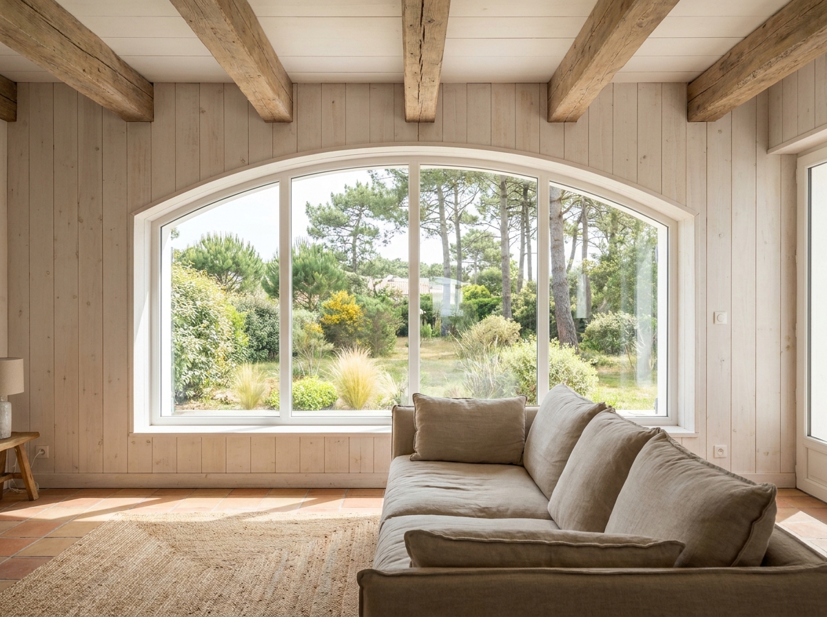 Intérieur lumineux d'une maison en bois en Charente-Maritime avec poutres apparentes, sol en tomettes et vue sur jardin atlantique