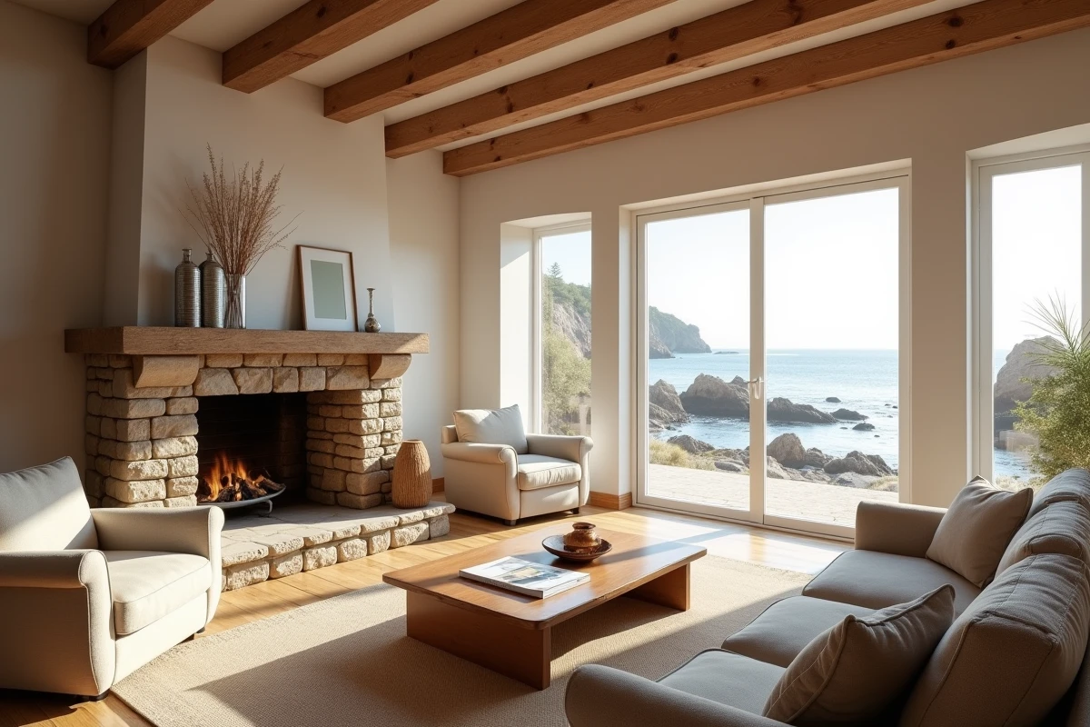 Intérieur d'une maison normande à vendre en bord de mer avec poutres apparentes et vue sur la plage depuis le salon