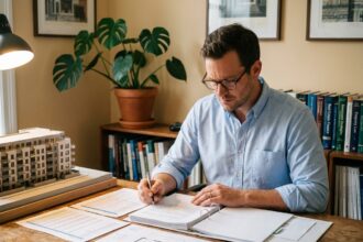 Homme analysant des documents d'investissement locatif dans un bureau à domicile moderne