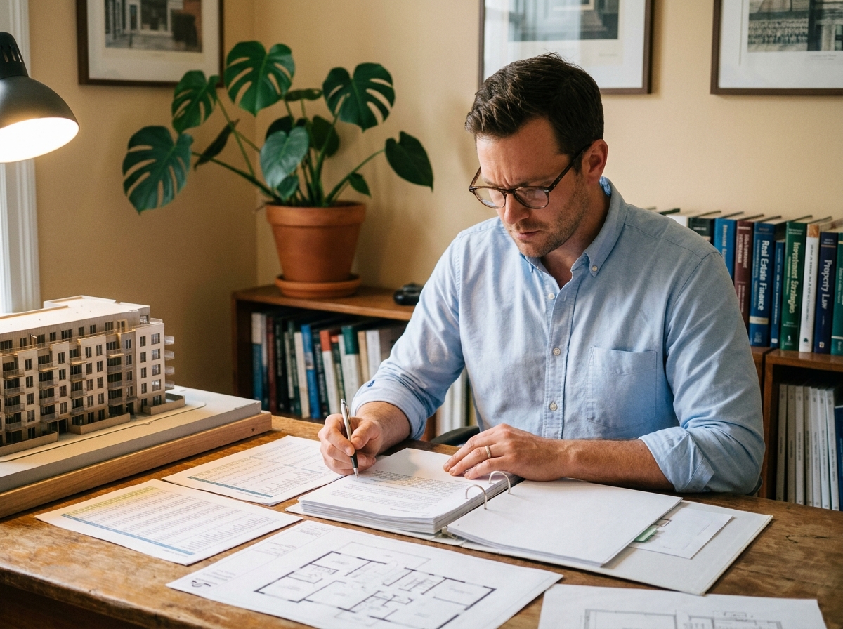 Homme analysant des documents d'investissement locatif dans un bureau à domicile moderne