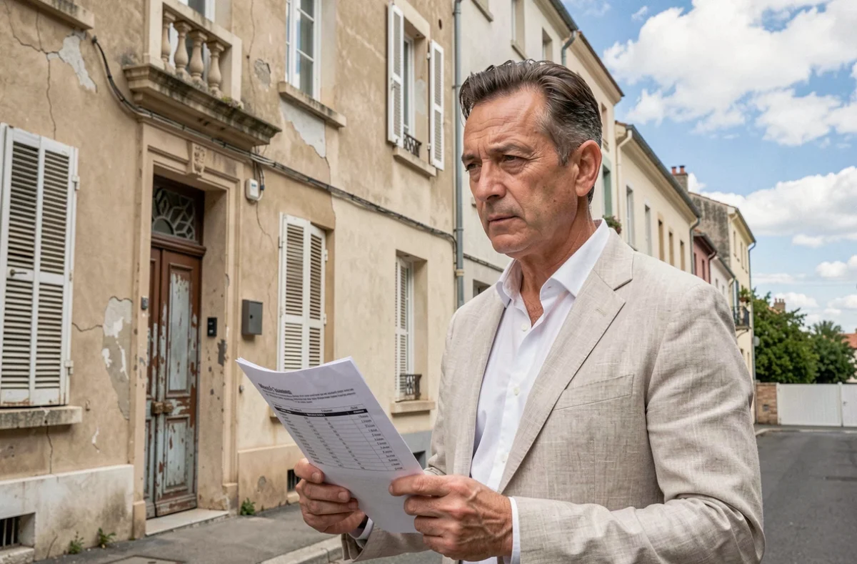 Investisseur immobilier examinant un immeuble résidentiel du 9ème arrondissement de Marseille avec une expression hésitante