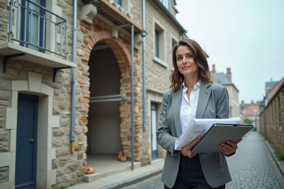 Investisseuse immobilière devant une maison en rénovation comparant les coûts d'acquisition selon le statut marchand de biens
