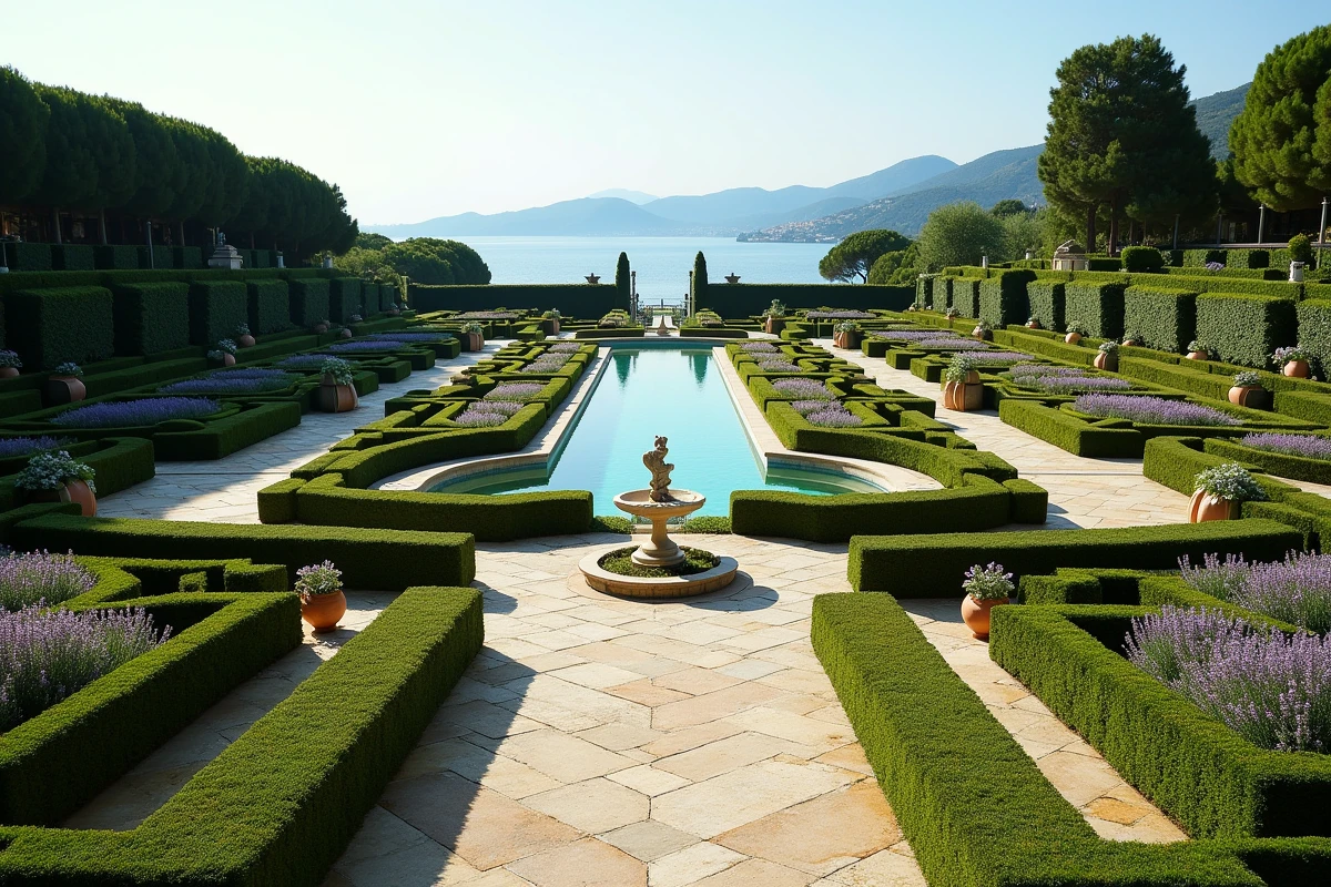 Jardins en terrasses de la Villa Leopolda avec fontaines, haies de buis et vue panoramique sur la mer Méditerranée