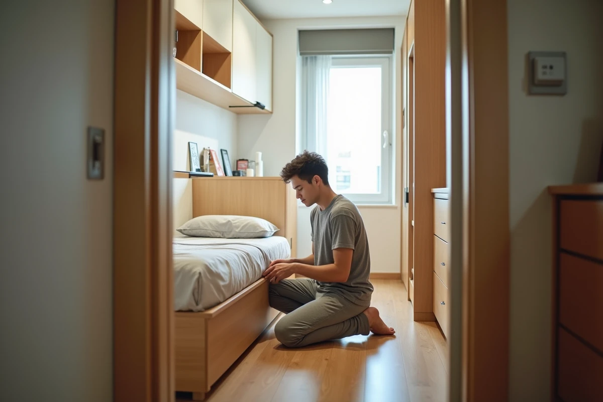 Étudiant assemblant une étagère dans une chambre moderne
