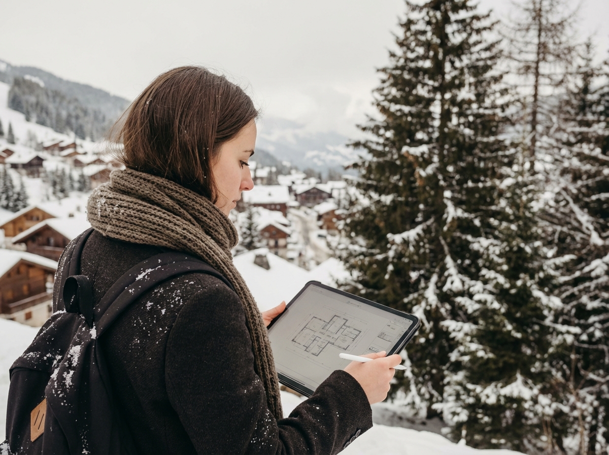 Jeune architecte regardant la carte sur tablette en montagne