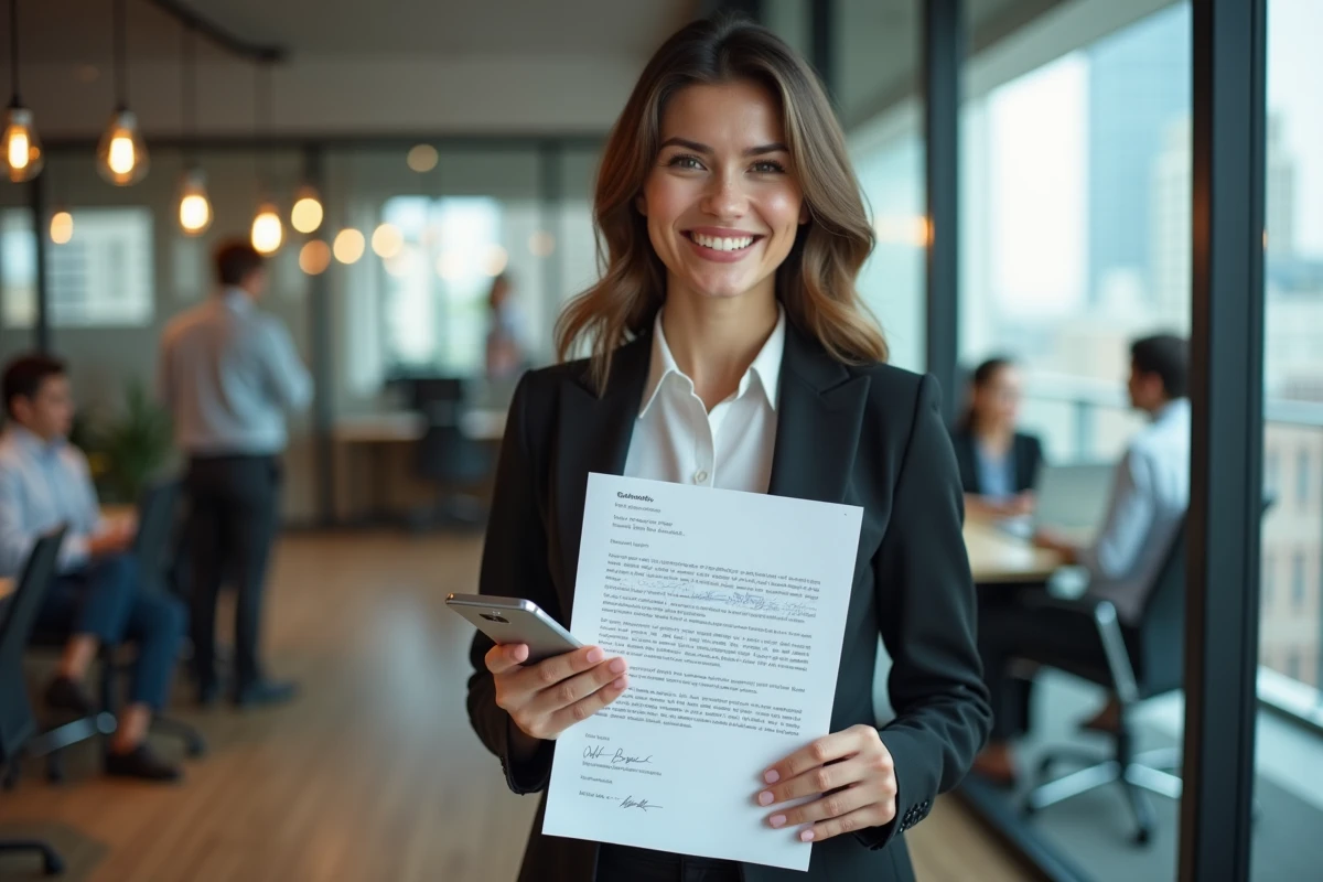 Jeune femme professionnelle tenant une lettre de garantie dans un bureau moderne