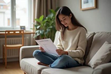 Jeune femme vérifiant une liste de meubles dans un studio étudiant