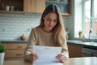 Jeune femme lisant un contrat de location dans une cuisine moderne