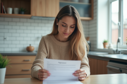 Jeune femme lisant un contrat de location dans une cuisine moderne