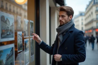 Jeune homme professionnel regardant des annonces immobilières dans Paris