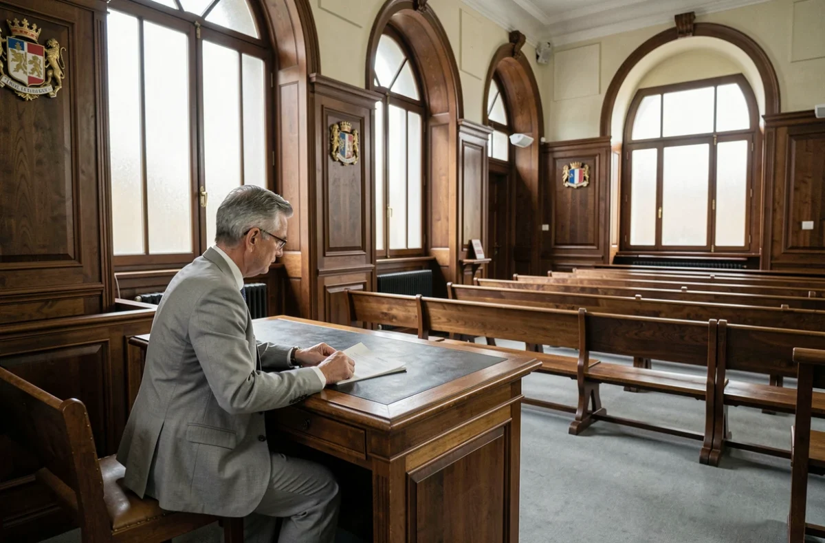 Homme présentant une demande d'accord au juge des tutelles dans une salle d'audience d'un tribunal français