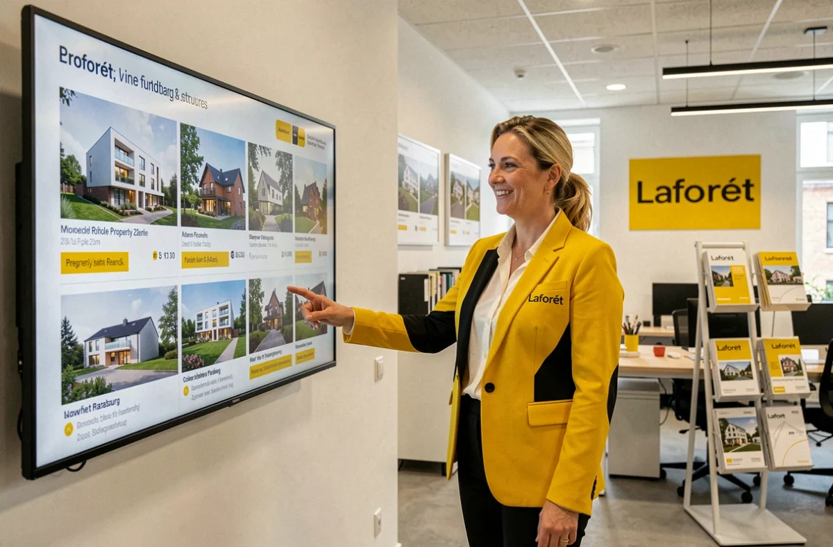 Conseillère Laforêt Strasbourg dans l'agence franchise devant un panneau de biens locatifs à gérer