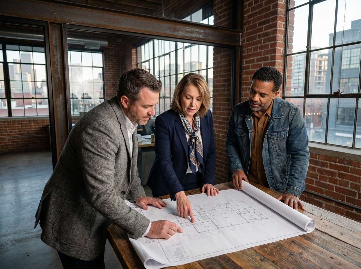 Groupe de dirigeants analysant un plan dans un bureau industriel