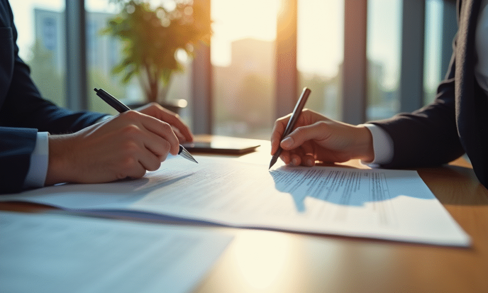 Personne examinant un contrat de bail commercial dans un bureau lumineux
