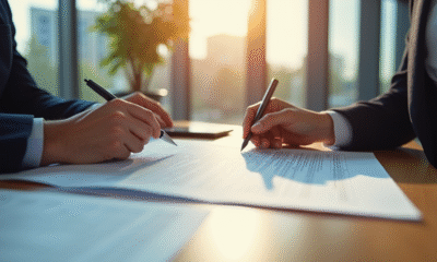 Personne examinant un contrat de bail commercial dans un bureau lumineux