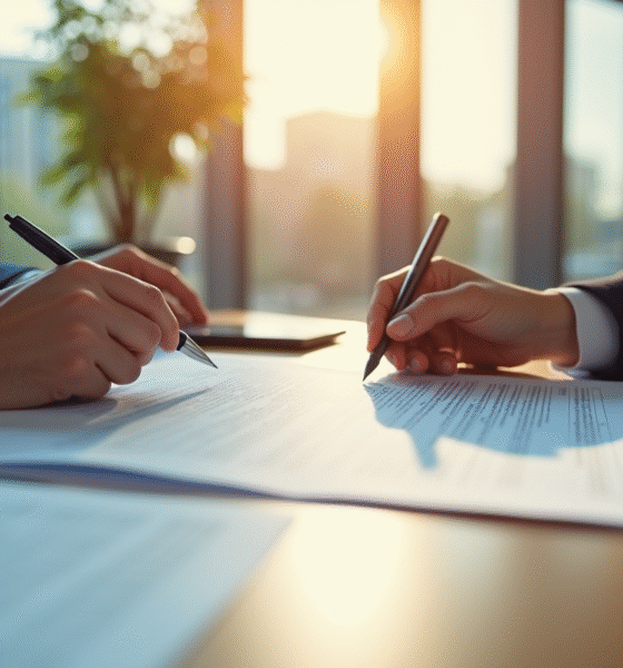 Personne examinant un contrat de bail commercial dans un bureau lumineux