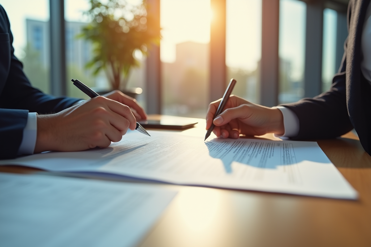 Personne examinant un contrat de bail commercial dans un bureau lumineux