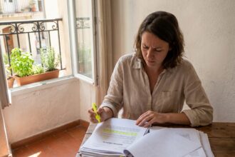 Jeune femme lisant un rapport de diagnostic immobilier dans un appartement marseillais typique