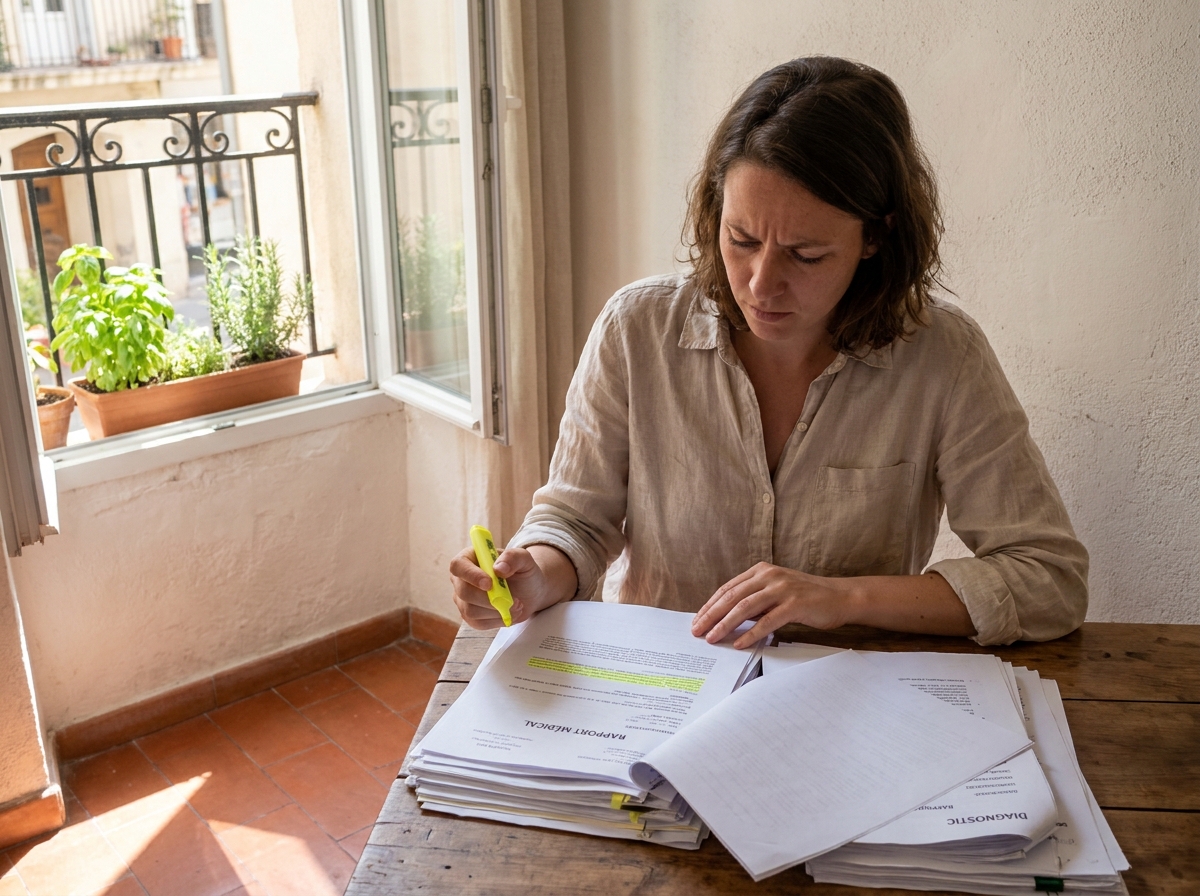 Jeune femme lisant un rapport de diagnostic immobilier dans un appartement marseillais typique