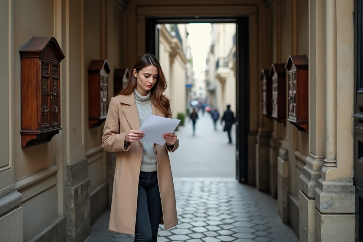 Locataire lisant un avis de révision de loyer dans le hall d'un immeuble haussmannien parisien