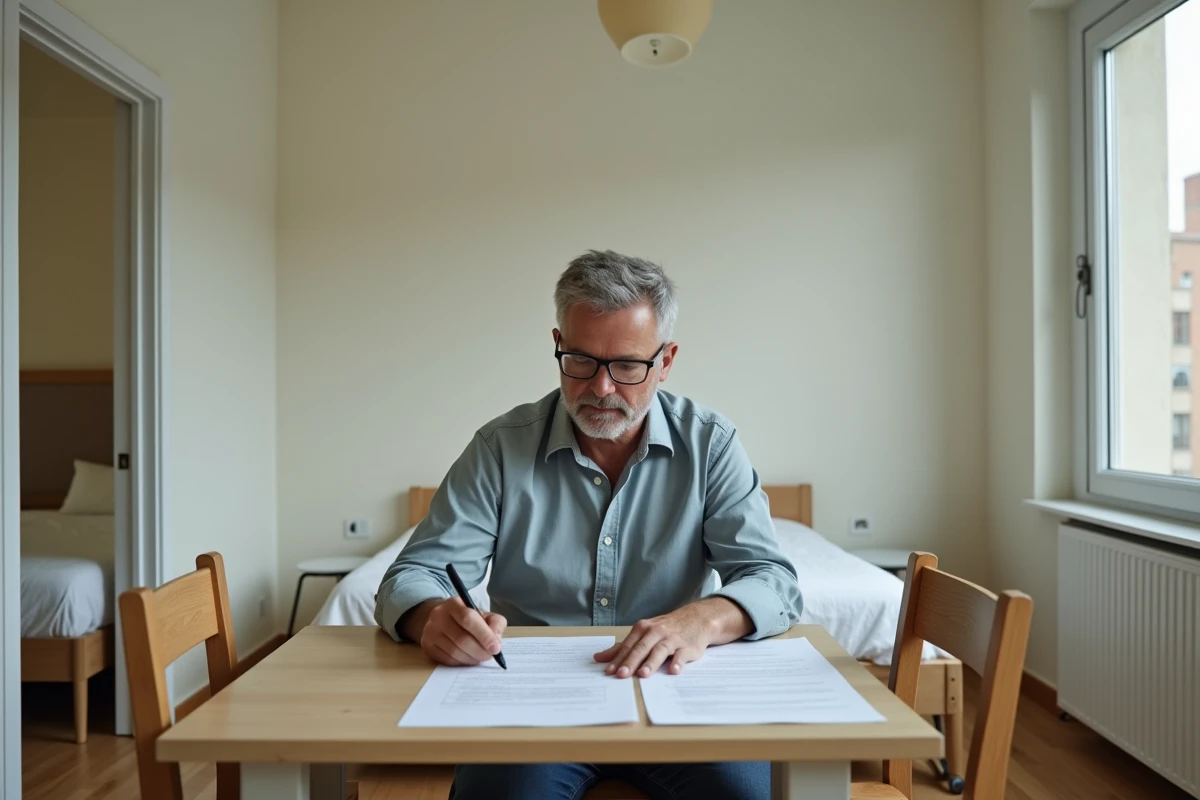 Locataire examinant un bail et une liste d'équipements manquants dans un appartement meublé
